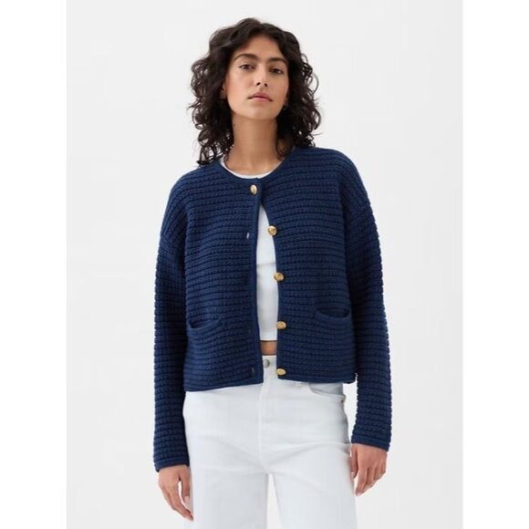 GAP Navy Blue Cotton Textured Knit Gold Button Cardigan Sweater Jacket, Size M - Picture 1 of 15